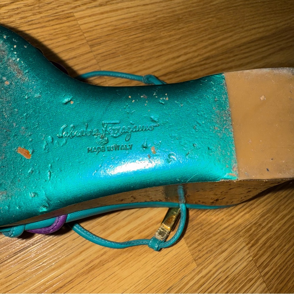 Salvatore Ferragamo‎ Purple and Teal Braided Lacquer Cork Wedge Sandals 8.5 C - Picture 7 of 11